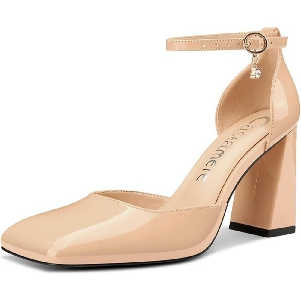 Womens Chunky Block High Heel Square Toe Pumps Ankle Strap beige prom dress